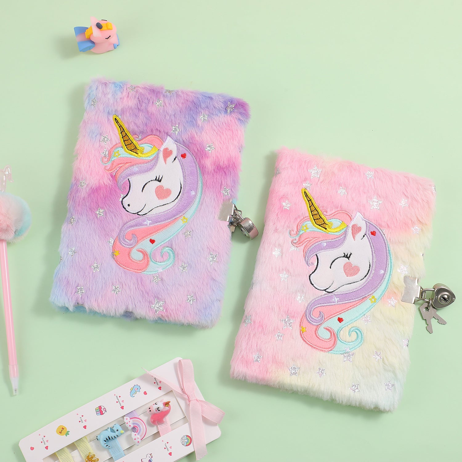 Wholesale Silver-stamped unicorn plush tie-dye notebook with lock